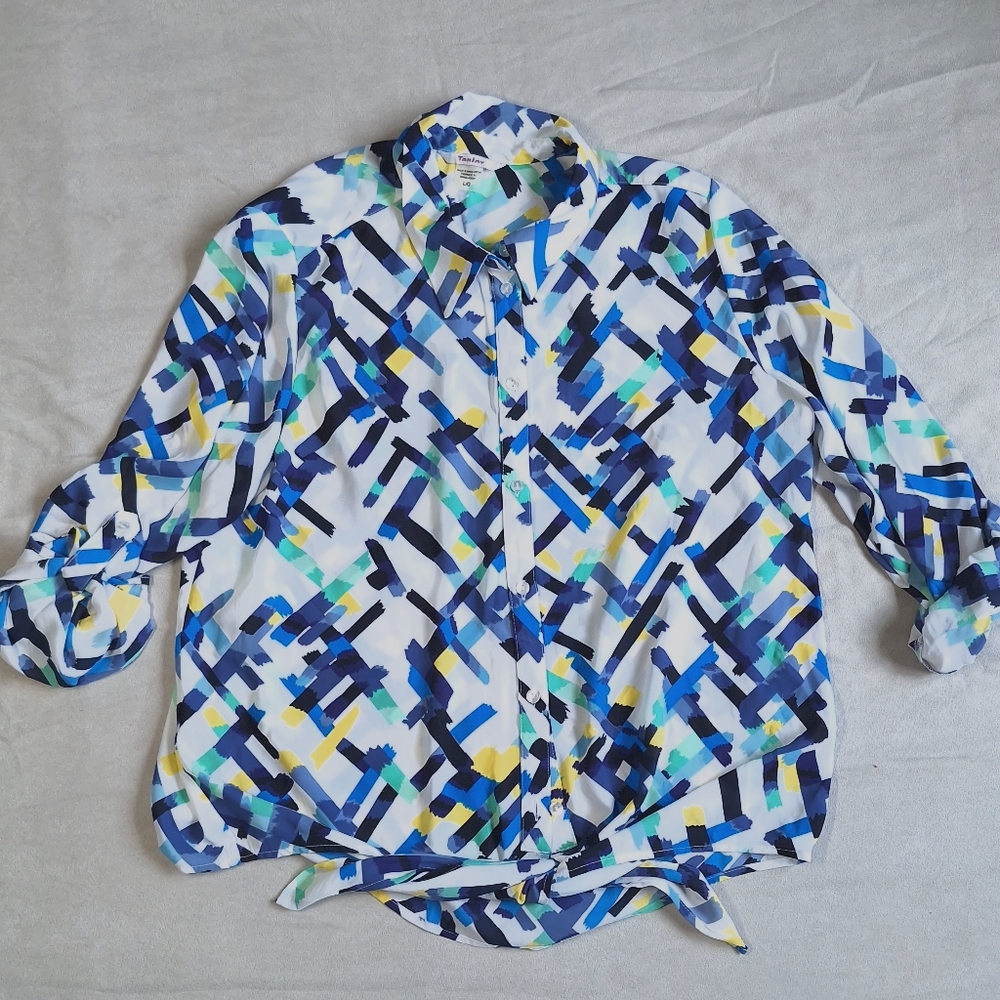 Tanjay Blue Yellow Button Up Tie Waist Blouse, Large